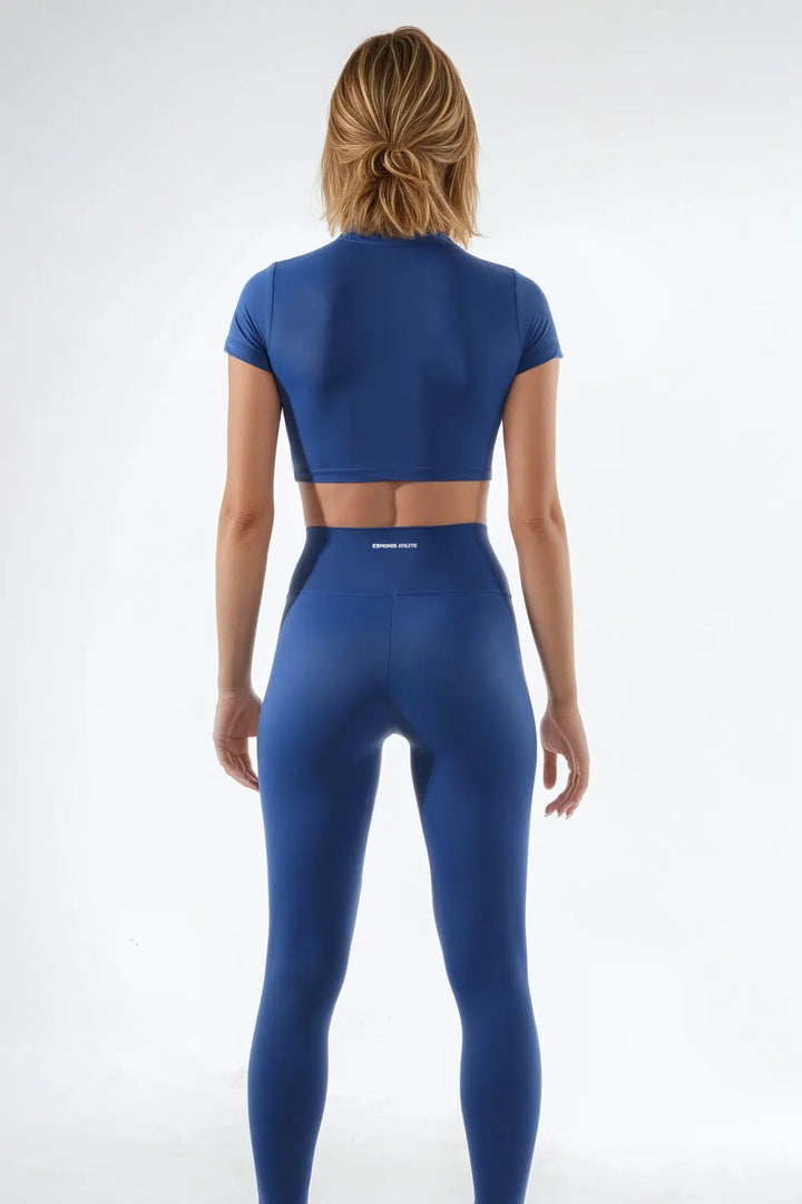 Lacivert kadın spor crop top ve yüksek bel toparlayıcı tayt arka açı-Promise Athletic