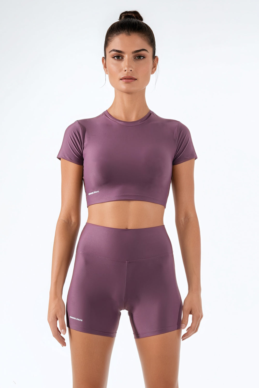 Bordo kadın spor crop top ve biker şort ön açı - Promise Athletic
