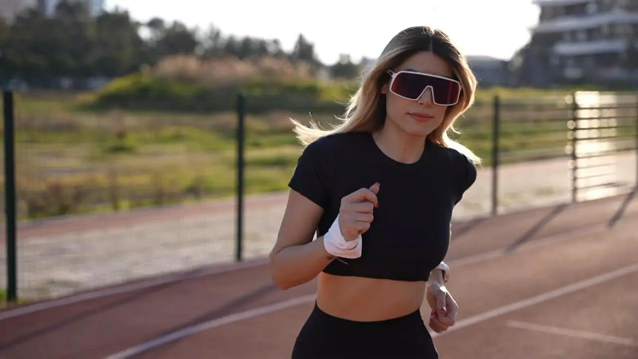 Siyah kadın spor crop-top model koşu pistinde-Promise Athletic